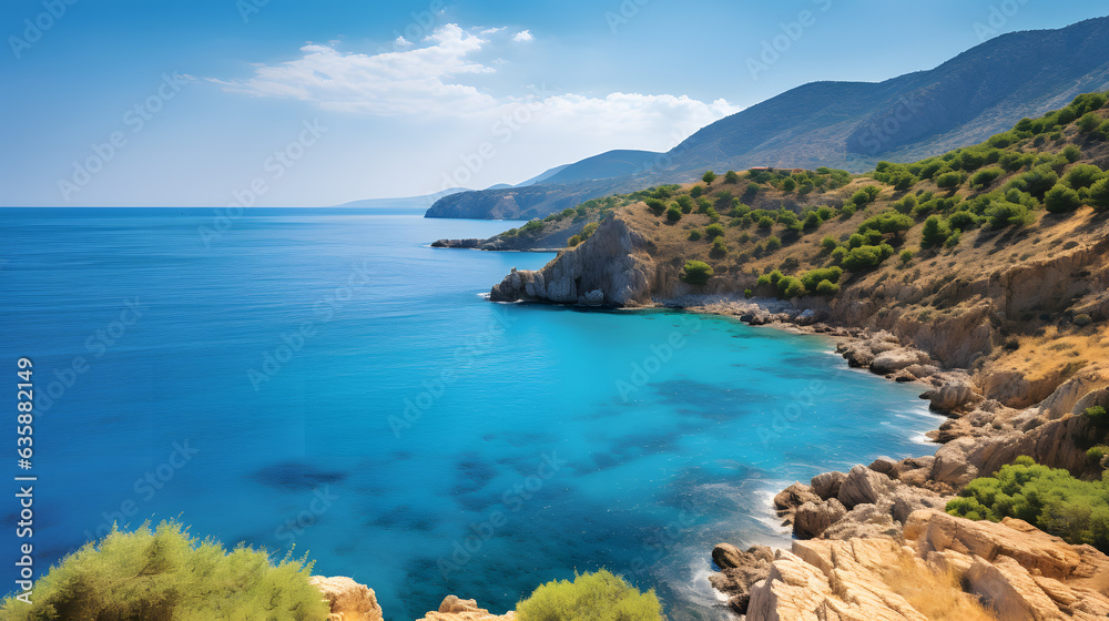 Step into a world of tranquility and azure hues with this mesmerizing image of the Mediterranean Sea. Rugged cliffs and rolling hills create a dramatic backdrop, while the sea's mesmerizing shades of