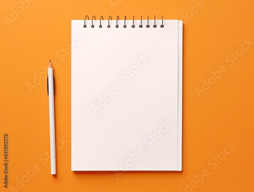 Top view blank paper Notebook and pencil. Desktop mock up, Flat lay of orange working table background with office equipment, mockup greeting card