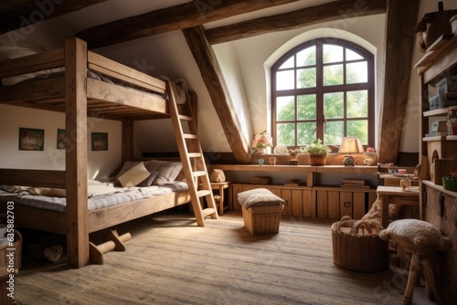 farmhouse style childrens room with natural wooden furniture