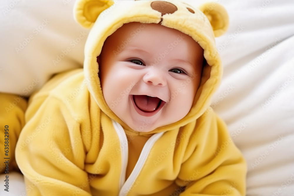 cute little baby in yellow body laying on blanket. card, banner, health, space for text. cute little baby in yellow body laying on blanket. card, banner, health, space for text.