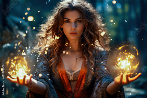 Young beautiful woman - fairy conjures in the forest. fairy tale. Sorceress casts a magic spell