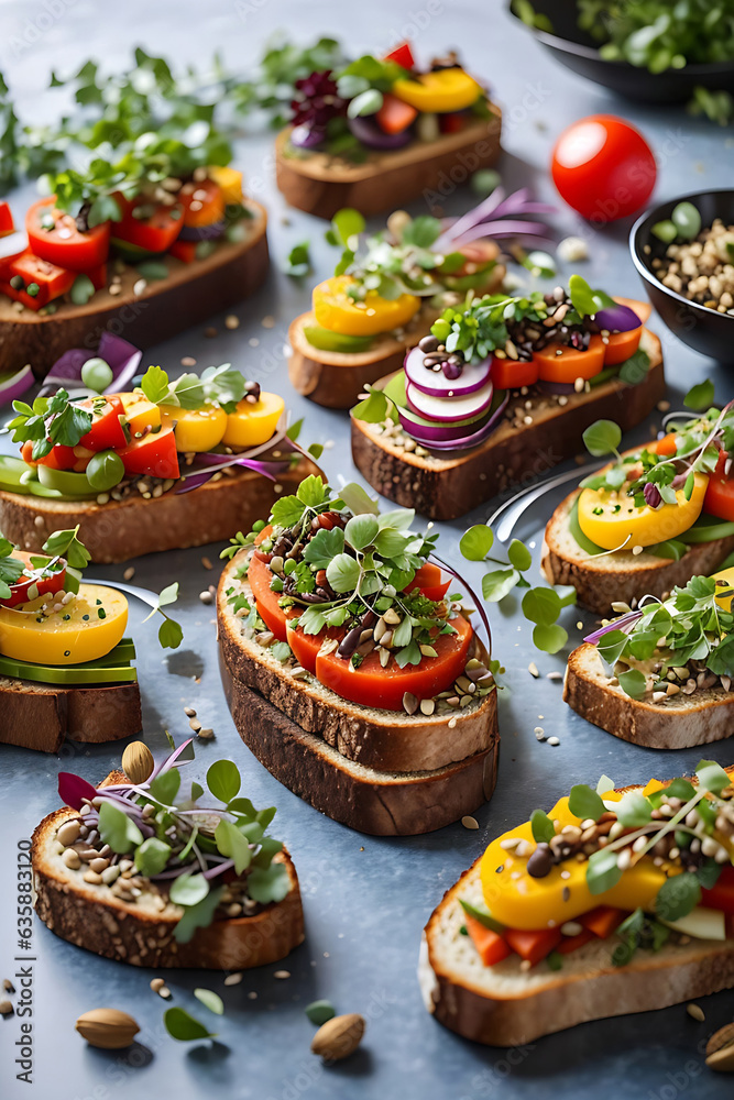 A variety of healthy toasts with vegetables, seeds and microgreens. Colorful, plant-based vegan snacks. Stylish table setting and food. Catering. Food delivery. Festive table