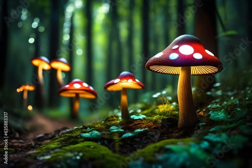 Glowing mushroom lamps with fireflies in magical forest , Generative ai