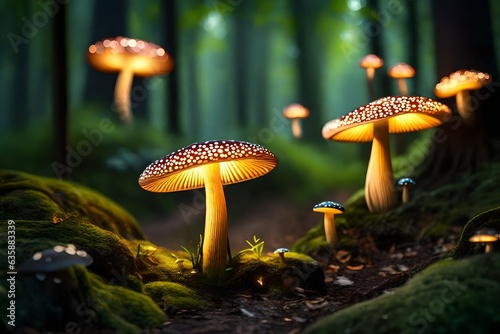 Glowing mushroom lamps with fireflies in magical forest , Generative ai