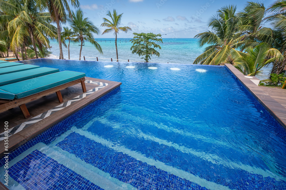 Pool deck on tropical sea background