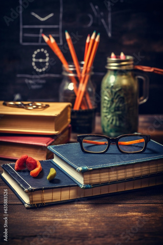 Tranquil Arrangement: Still Life of Desk with Books, Glasses, and Pens - AI generated