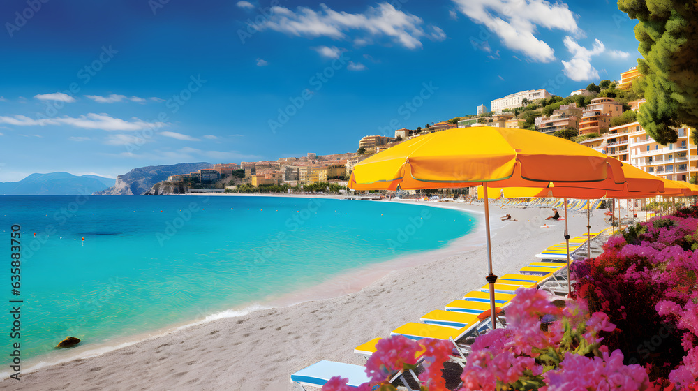 Obraz premium Witness the breathtaking contrast of colors in this captivating image of the Mediterranean Sea. Sun-kissed beaches, adorned with colorful umbrellas, entice beachgoers to relax in the gentle sea breeze