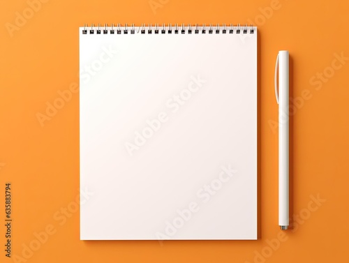 Top view blank paper Notebook and pencil. Desktop mock up, Flat lay of orange working table background with office equipment, mockup greeting card