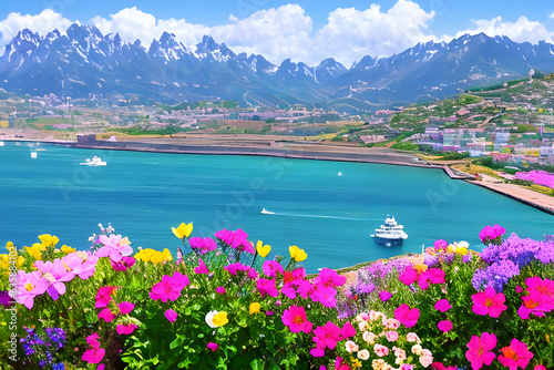 Flowers in the foreground, the port beyond, and mountains in the background. Generative AI
