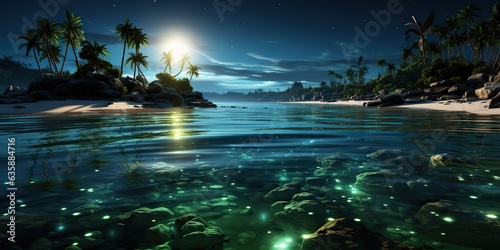 AI Generated. AI Generative. Night glowing light shine plankton sea ocean background. Marine nautical vacation island. Can be used for tropical paradise relaxing romantic night promotion