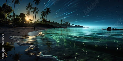 AI Generated. AI Generative. Night glowing light shine plankton sea ocean background. Marine nautical vacation island. Can be used for tropical paradise relaxing romantic night promotion