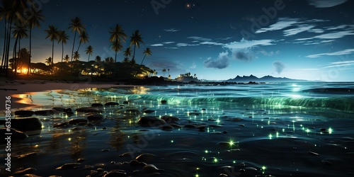 AI Generated. AI Generative. Night glowing light shine plankton sea ocean background. Marine nautical vacation island. Can be used for tropical paradise relaxing romantic night promotion
