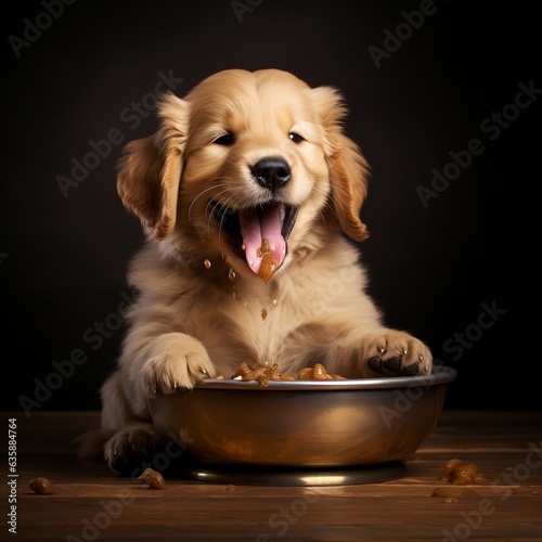 A happy golden retriever puppy eagerly eating its kibble from a bowl