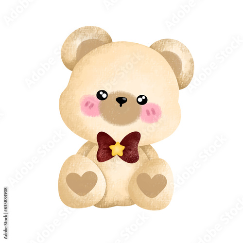 Cute White Bear with Star Bow Tie ,watercolor, toy bear , cartoon,cute, vector , illustration,hand drawn, graphic,cartoon,teddy bear isolated on white