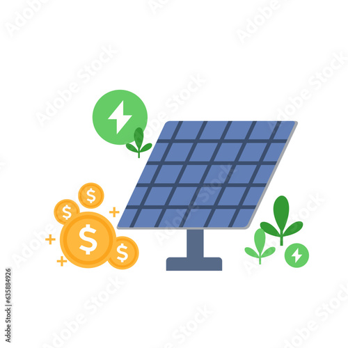 Saving money with solar pannels concept in dollars. Renewable energy concept. Vector illustration isolated on white.