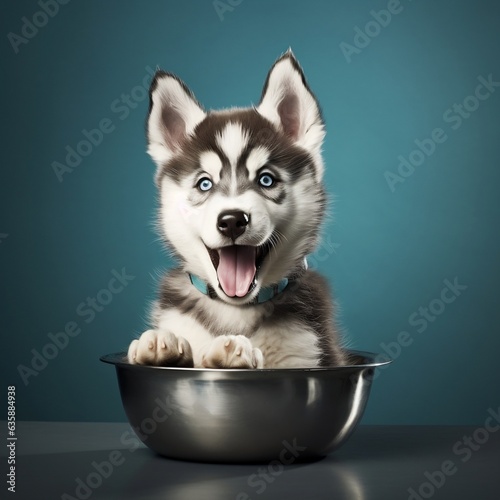 A happy husky with its ears perked up as it sniffs the air around its bowl