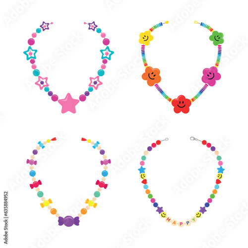 Set of colored necklaces in a cartoon style. Vector illustration of cute different necklaces: with stars, candies, emoticons, inscription isolated on white. Childrens necklaces. Girls jewelry.