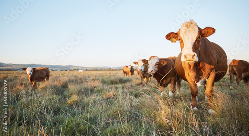 Fotografie, Tablou Livestock, sustainable and herd of cattle on a farm in the countryside for eco friendly environment