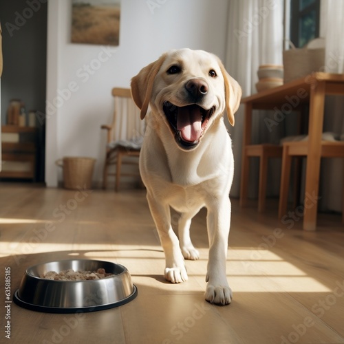 A happy Labrador retriever wagging its tail excitedly as it sees its owner approaching with its food bowl