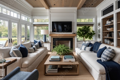 Contemporary farmhouse style living and family room with spacious windows and cabinets in blue and green tones.