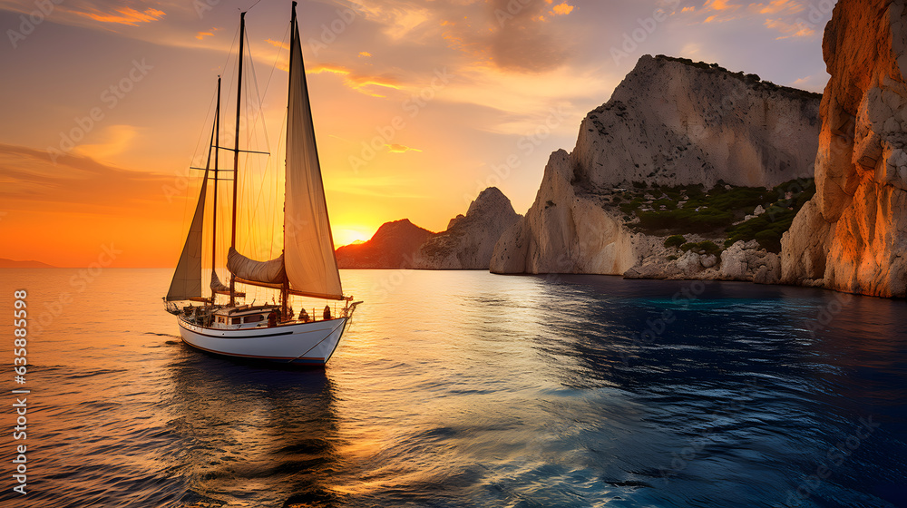 Embark on a visual journey through the wonders of the Mediterranean Sea with this awe-inspiring image. Majestic cliffs rise from the shore, offering sweeping panoramic views of the endless horizon. Sa - obrazy, fototapety, plakaty 