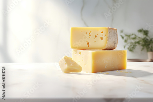 Swiss cheese looking delicious, minimalist white marble background