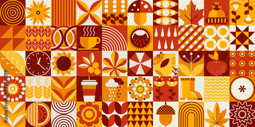 Bauhaus pattern with autumn and harvest for Thanksgiving. Mosaic style. Simple geometric shapes. Textile background with Bauhaus autumn rain, vegetables, fruits, flowers, tea, coffee