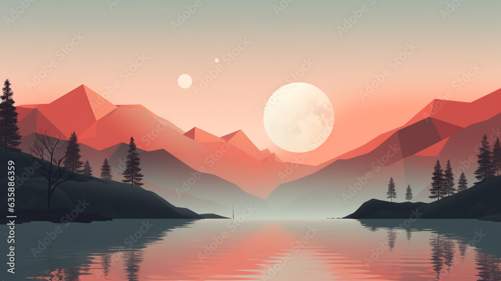 japanese landscape in highlands with lake and moon. minimalist style. Generative Ai. 