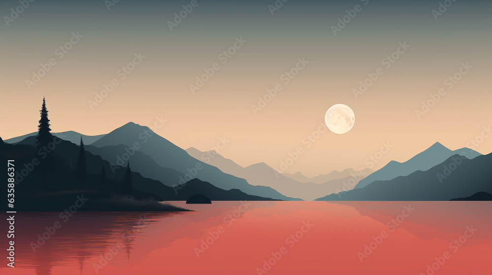 mountain lake against the backdrop of the full moon minimalist japanese landscape. Generative Ai. 