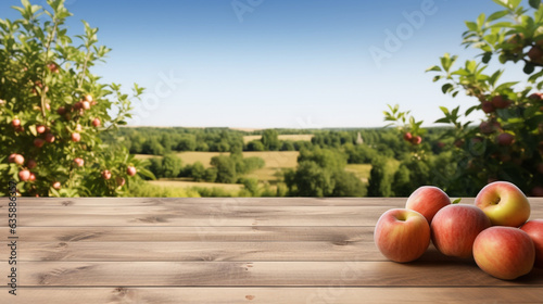 empty wooden tabletop and some apples against the backdrop of an orchard at noon. Generative Ai. 