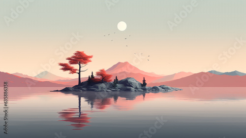 beautiful minimalist japanese style landscape with a lake in the highlands. Generative Ai.