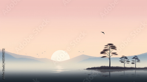 lonely trees near the lake against the backdrop of sunset. minimalist japanese landscape. Generative Ai. 