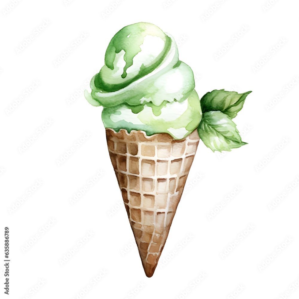 Green ice cream with cone isolated on white background i watercolor style Green ice cream with cone isolated on white background i watercolor style
