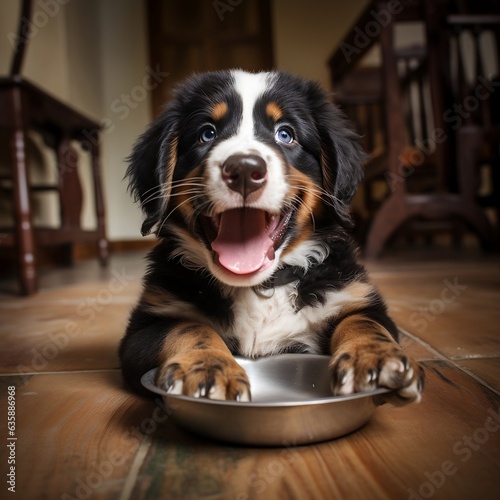 A happy Bernese Mountain dog puppy eagerly eating its kibble from a bowl