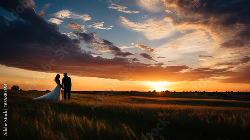 Newlywed couple holding hands in a field at sunset
