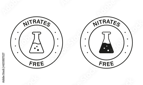 Free Nitrites in Food Ingredient Symbol Collection. Nitrates Free Black Stamp Set. No Nitrate Label. Nutrition Certified Control Not Nitrate Sign. Guarantee Non Nitrite. Isolated Vector Illustration