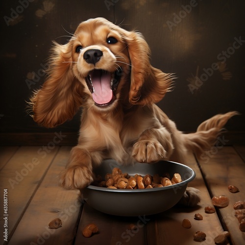 A happy Cocker Spaniel dog puppy eagerly eating its kibble from a bowl