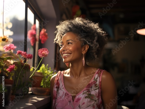 Cheerful woman with curly hair in cafe