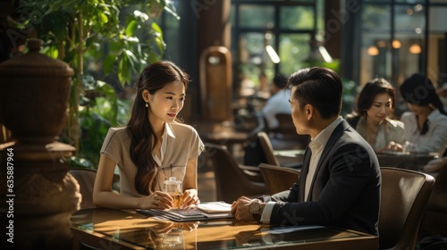 Asian man and woman in cafe together