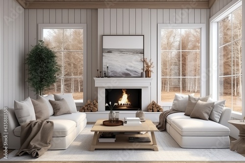 Farmhouse living room interior with a mockup frame, rendered in 3D. photo