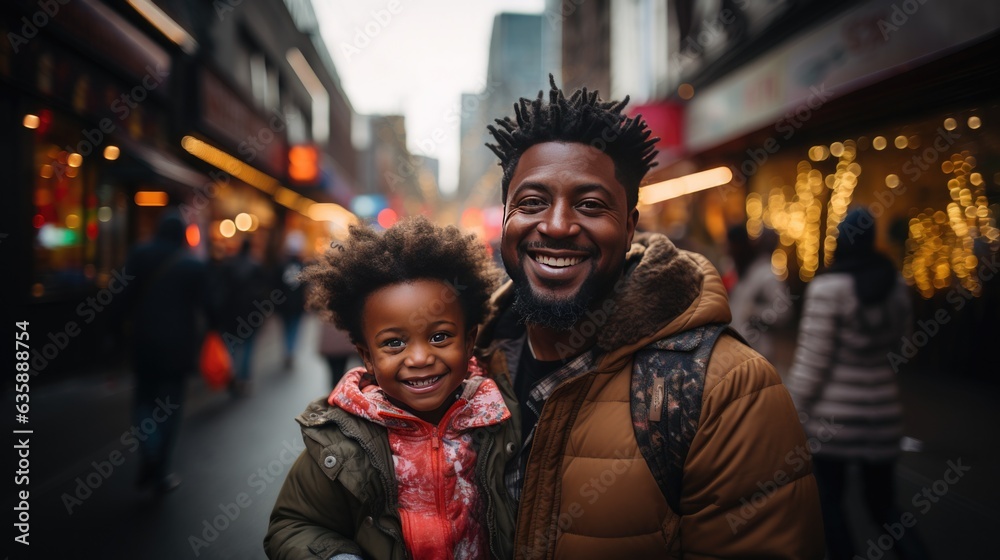 Cheerful black man in warm clothes standing with child on city street
