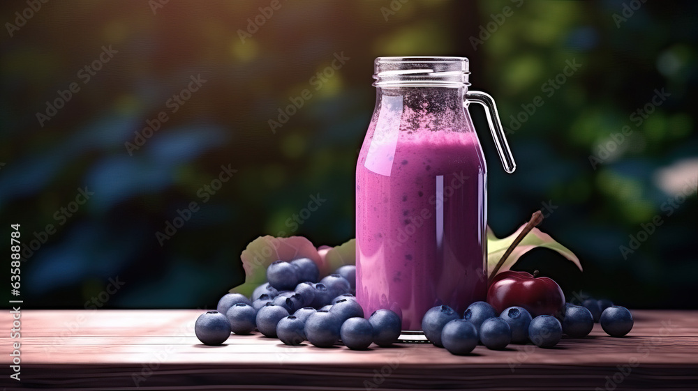 Blueberry smoothie with banana and oat flakes in jar on rustic wooden background. Blueberry smoothie with banana and oat flakes in jar on rustic wooden background.