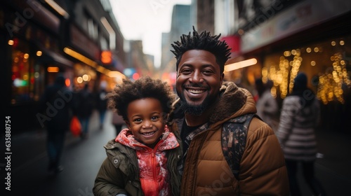 Cheerful black man in warm clothes standing with child on city street