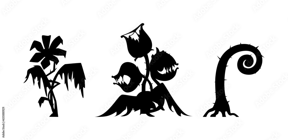 Scary monster plants black silhouettes vector illustrations set. Halloween decoration elements.