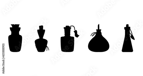 Potion and poison bottle black silhouette vector illustration set. Halloween decoration elements.