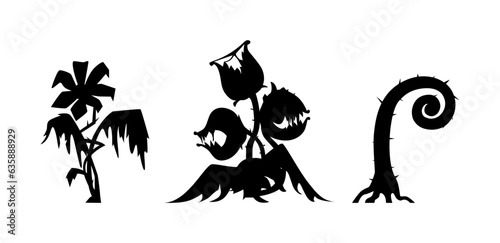 Scary monster plants black silhouettes vector illustrations set. Halloween decoration elements.
