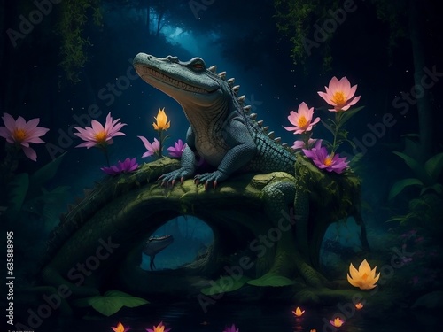 a crocodile in the jungle  a crocodile with colorful flowers  the green dragon in the night