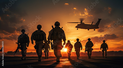 silhouettes of soldiers and helicopter against the vibrant colors of a sunset sky.