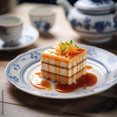 dessert with sugar and caramel frosting on blue ceramic plate