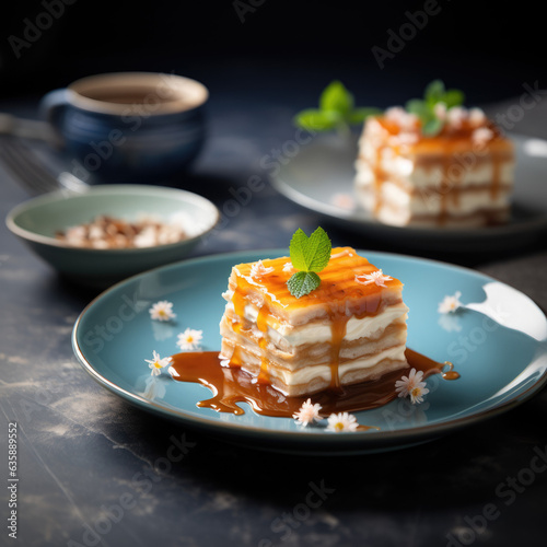 dessert with sugar and caramel frosting on blue ceramic plate